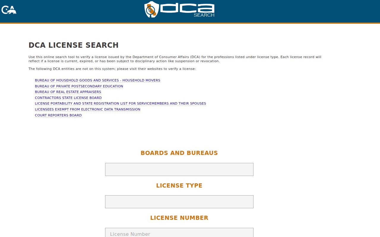 Porterville resident lookup view of California professional license search