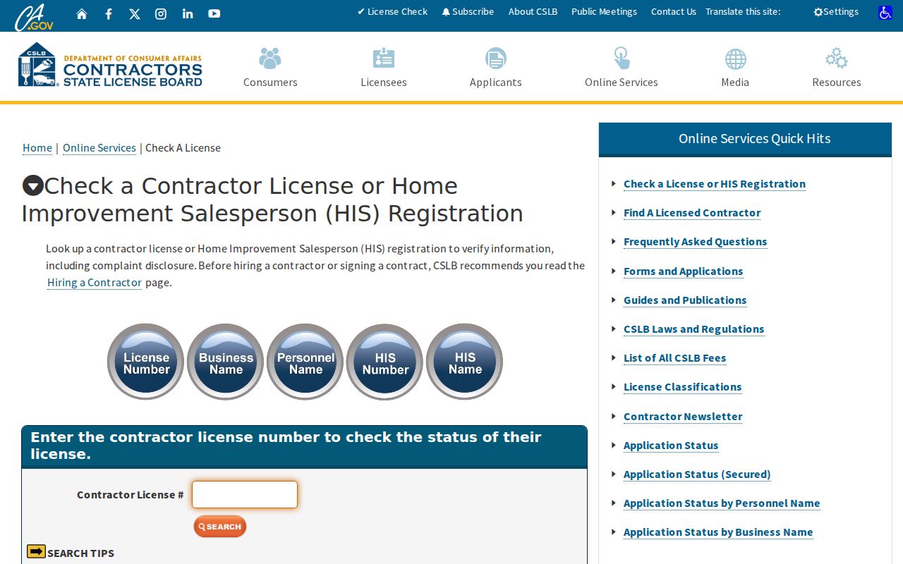 Porterville resident lookup view of contractor license search