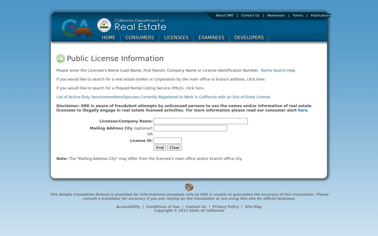 Porterville resident lookup view of California real-estate license search