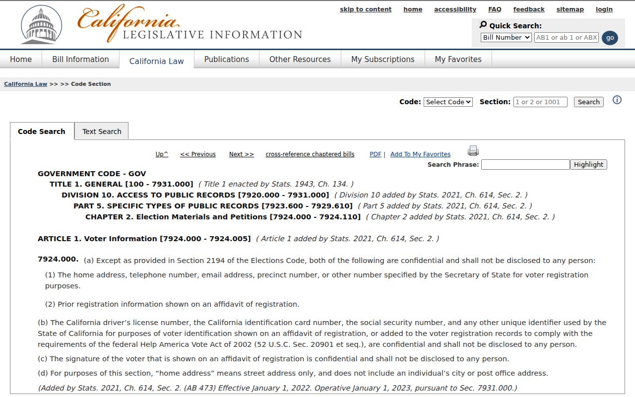 Porterville ZIP code directory privacy view of California voter record law