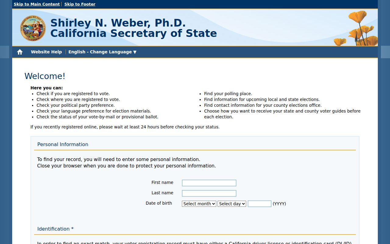 Porterville ZIP code directory view of authenticated California voter status lookup